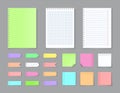 Sticky notebook paper. Adhesive stickers and blank colored sheets with grid squares and lines. Vector empty ripped pages Royalty Free Stock Photo