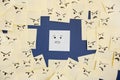 Sticky notes with anthropomorphic face blaming colleague Royalty Free Stock Photo