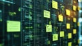 Programmers using sticky notes on digital display showing code