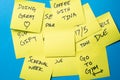 Sticky Notes on a Blue Wall with Blank Yellow Note Royalty Free Stock Photo