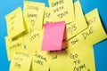 Sticky Notes on a Blue Wall with Pink Blank Note Royalty Free Stock Photo