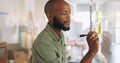 Sticky notes, meeting and businessman writing idea, vision and brainstorming in office. Black man with post it notes on Royalty Free Stock Photo