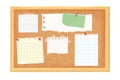 Sticky notes, paper reminder on corkboard with pin, tape. Postit, memo notes, idea or lists sheets. Organizer, wood Royalty Free Stock Photo