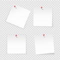 Sticky notes. Paper stick notes isolated on transparent background. Empty notebook page pinned red pushbutton. Vector