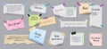 Sticky notes. Realistic reminders on adhesive tapes with clip binders and pins, torn notebook sheets. Writing on