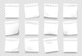 Sticky notes. White notepad sheets with crumpled edges, memos and reminders isolated on transparent background. Vector