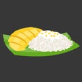 Sticky rice with mango on banana leaf, thai dessert, flat design