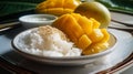 Sticky rice and mango harmony of textures. Glowing yellow mango slices atop sweet, glutinous rice