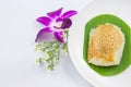 Sticky rice with steamed custard on banana leaves and dish with orchid flower Royalty Free Stock Photo