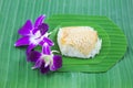 Sticky rice with steamed custard on banana leaves, sweet sticky rice, Thai sweet dessert, Royalty Free Stock Photo