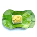 Sticky rice topped egg custard in banana leaf Royalty Free Stock Photo