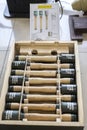 World War II fragmentation grenades stacked in a military box. Gun shop