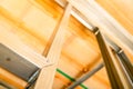 Stiffening ribs in a metal profile frame in a plasterboard wall close-up. Building a wall in a private house