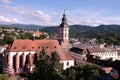 Stiftskirche church in Baden-Baden with hills and forests in the background on a sunny dat Royalty Free Stock Photo