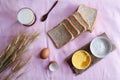 Stiil life with whole wheat bread,egg,magarine,flour and wheat o Royalty Free Stock Photo