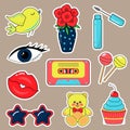 Bright stickers set in 80s-90s pop art comic style.