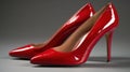 The stiletto heels on these red patent leather pumps elongate the legs of their wearer created with Generative AI Royalty Free Stock Photo