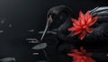 Still black wallpaper, stork on a dark background, red flower, minimal. 3d illustration. Royalty Free Stock Photo