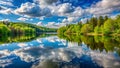 Still Lake Reflecting Clouds and Forest in Spring Royalty Free Stock Photo