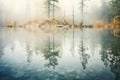 still lake surface with ghostly reflection of the surrounding woods