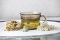 Still life of Achillea millefolium  yarrow or common yarrow herbal medicinal tea in glass with dry tea powder and fresh blossoms. Royalty Free Stock Photo