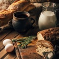 Still life. Agricultural products: eggs, milk, fresh bread on a wooden table. Close-up One trick Royalty Free Stock Photo