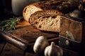 Still life. Agricultural products: eggs, milk, fresh bread on a wooden table. Close-up One trick Royalty Free Stock Photo