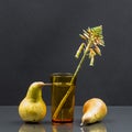 Still life with aloe vera flower in a glass of water and pears