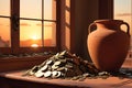 Still Life of Ancient Artifacts: Terracotta Vase Prominently Centered, Encircled by a Scattered Collection