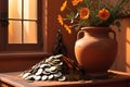 Still Life of Ancient Artifacts: Terracotta Vase Prominently Centered, Encircled by a Scattered Collection