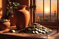 Still Life of Ancient Artifacts: Terracotta Vase Prominently Centered, Encircled by a Scattered Collection