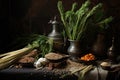 a still life with ancient grains, fresh herbs, and spices Royalty Free Stock Photo