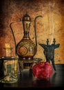 Still life with an ancient wine jug and pomegranate against modern vintage home design background Royalty Free Stock Photo