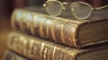 Still life of antique books and spectacles. AI generated
