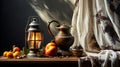 Still life with antique candle lantern and vintage curtain. AI generated