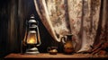 Still life with antique candle lantern and vintage curtain. AI generated