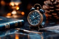 Still life, antique clock, quill, inkwell speaks to the passage of time and the art of writing