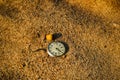 Still life - Antique rotten pocket watch and sea shell buried partial in the sand Royalty Free Stock Photo