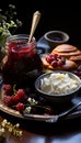 Still life with appetising berry jam in rustic style