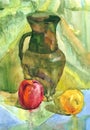 Still Life with apple, Jug and pear, Watercolor painting