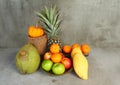 Still Life Apple, Pineapple,pumpkin,tangerine,coconut And Mango Fruit In Vintage Style