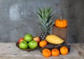Still Life Apple, Pineapple,pumpkin,tangerine, And Mango Fruits In Vintage Style