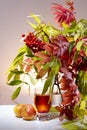 Still life with apples, a glass of Apple juice and Rowan branches in a vase. The vertical frame