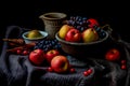 Still life with apples, pears, grapes and berries on black background Royalty Free Stock Photo