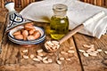 Still life of argan fruit and oil