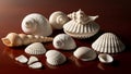 Collection of Assorted Seashells on Dark Wooden Surface Royalty Free Stock Photo