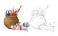 Still life with artists tools and tubes of paints. Colorful and black and white template for coloring. Coloring book for children