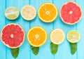 Still life of assorted halved fresh citrus fruit