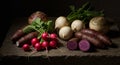 Still Life of Assorted Root Vegetables on Dark Stone Royalty Free Stock Photo
