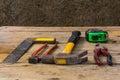 Still Life Assorted work tools on wood Royalty Free Stock Photo